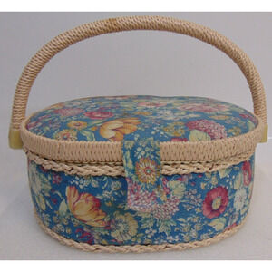 Vintage Sewing Box Basket Floral Design Weave Pattern One Trays Cloth Accessory